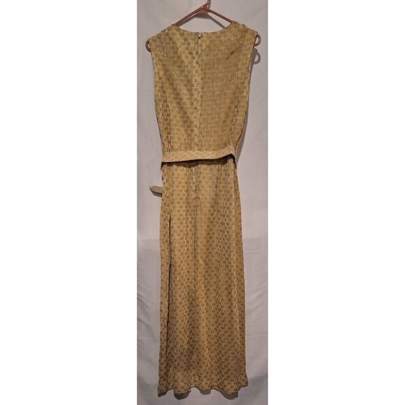 Vintage 1960's Gold Metallic Checkered Geometric Maxi Dress w/ Belt Size 14 - Picture 3 of 7